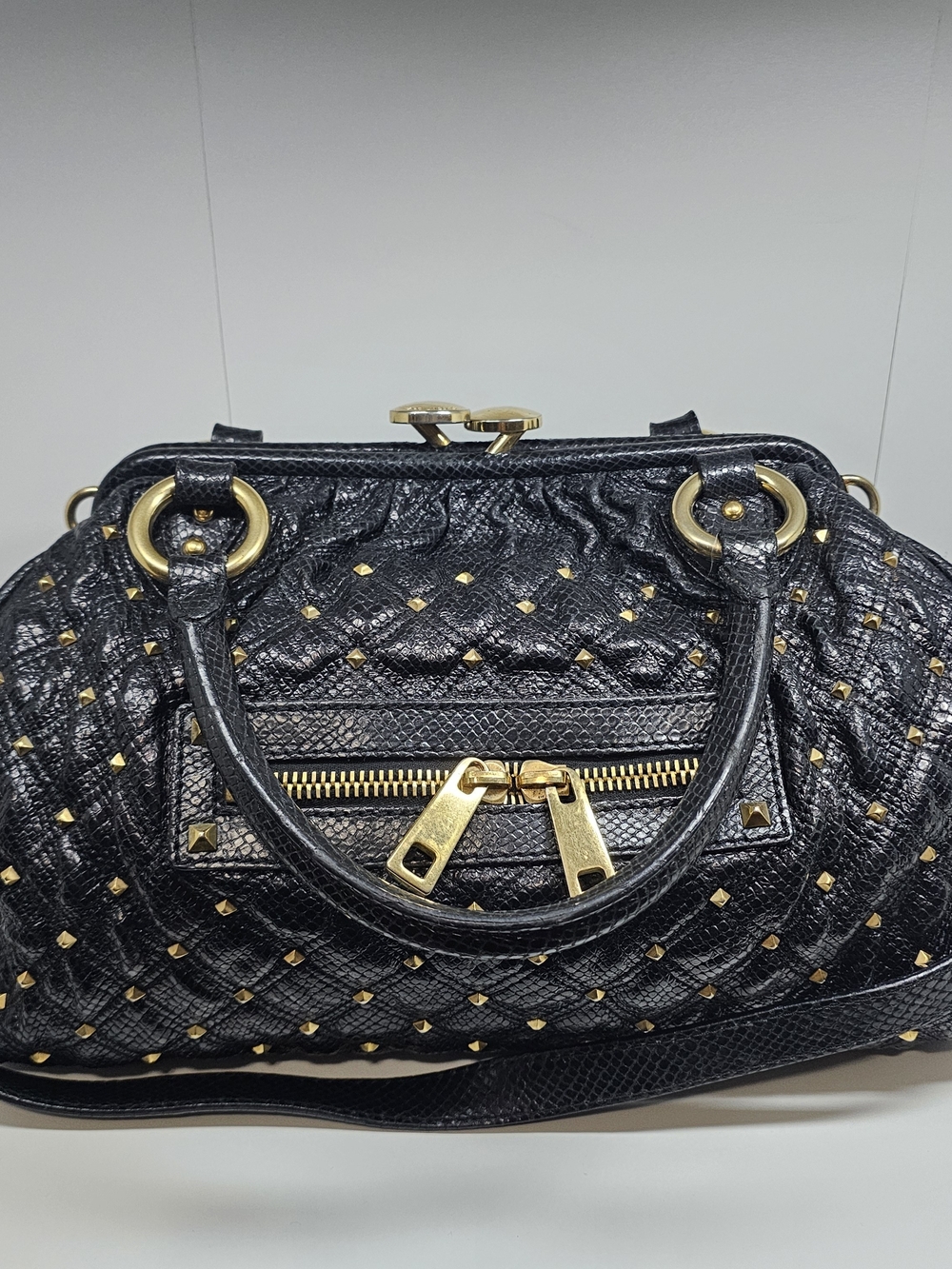 Marc Jacobs Stam Black Quilted Satchel Handbag with Gold Studs
